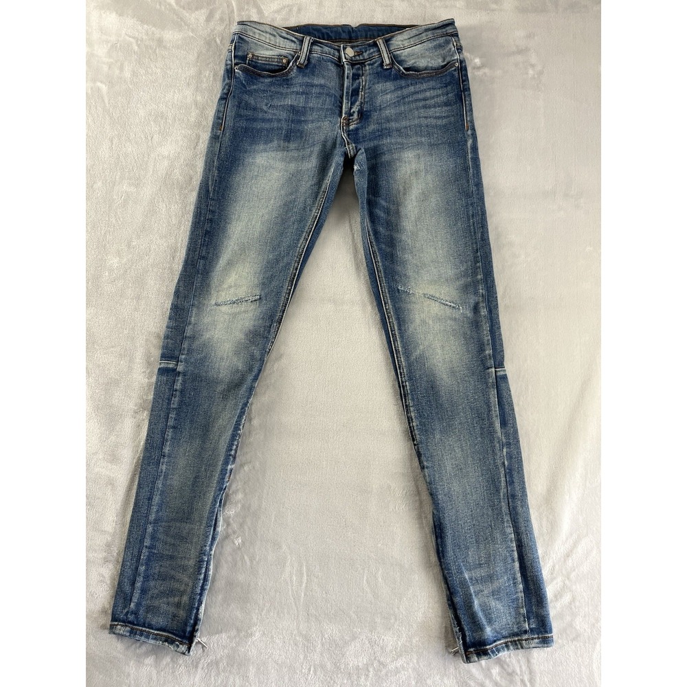 MNML Jean Men 30x32 Blue Wash Button Fly Stretch Distressed Ankle Zip Whisker